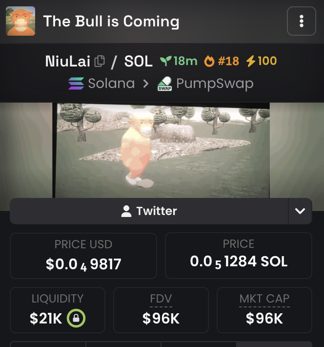 The image shows a crypto token tracker page for "The Bull is Coming" (NiuLai/SOL), a meme coin launched 18 minutes ago on PumpSwap, ranked #18 with a $96K market cap and $21K locked liquidity. The accompanying post promotes this Solana meme coin's contract address, framing it as a "pvp" competitor to the English version of the token.