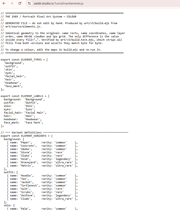 A screenshot of a code editor displaying JavaScript file "elements.js" from zaddr.studio, which appears to be the underlying code for the 1969 Portrait Pixel Art System, defining element types, labels, and rarity variants (common, rare, legendary, ultra_rare) for backgrounds, outfits, skin, eyes, facial hair, hair, headwear, and face marks—supporting the poster's claim of exposing the project's real source.
