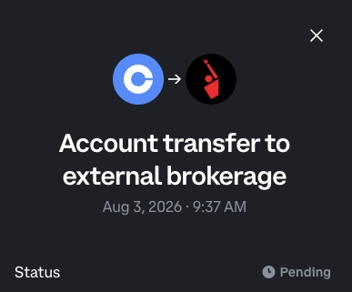 A pop-up notification displays "Account transfer to external brokerage" dated "Aug 3, 2026 · 9:37 AM" with a "Pending" status, illustrating the user's frustration with Coinbase's Equity product experience.