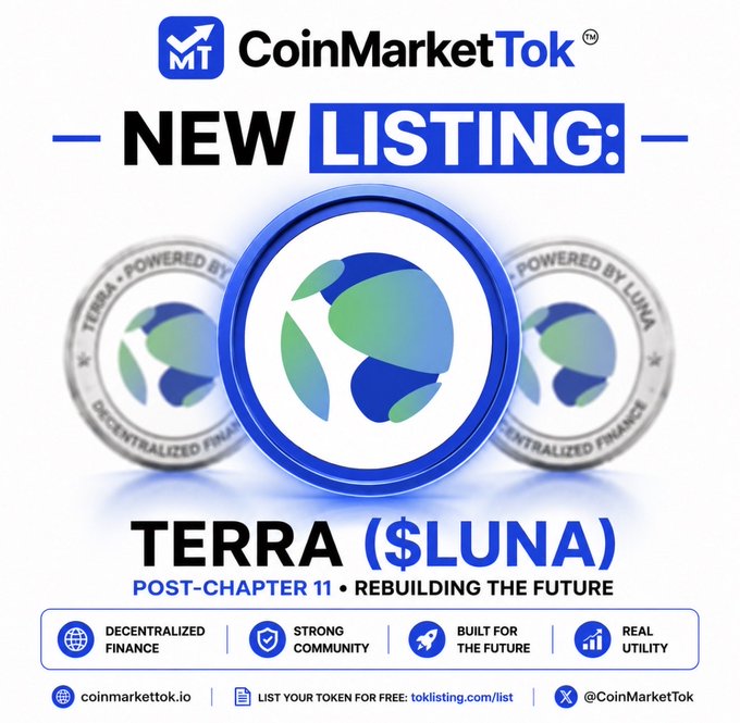 The image features a poster for a new listing of Terra (Luna) tokens. The poster includes three coins, two of which are blue and one silver, as well as a logo with a globe design. The text on the poster announces that "New Listing" is available, and it provides details about the project, including its name, description, and a list of features. The poster also mentions that the tokens are listed on CoinMarketTok's website, which can be accessed by clicking on the provided link.
