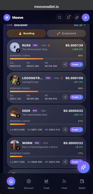 A mobile screenshot of moovewallet.io showing the 'Discover' page with bonding curve tokens including RUSS ($0.000139), LLOONGTRUMP ($0.000109), DEER ($0.000432), and WORM ($0.000332).