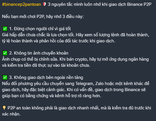 A Vietnamese infographic from #binancep2pantoon listing three safety tips for Binance P2P trading: choose sellers with good prices, don't trust transfer screenshots, and don't trade outside the platform, warning against moving to Telegram or Zalo.
