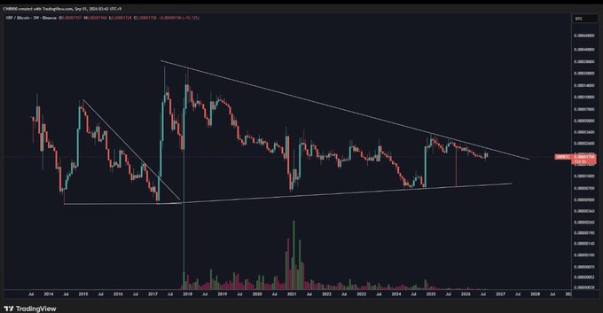 A TradingView monthly chart of XRP/USD (created by TradingProsin) shows a long-term symmetrical triangle pattern forming between roughly 2017 and 2025, with price currently near $2.31 — a technical setup that the post suggests will lead to a massive breakout target of $300–$589.
