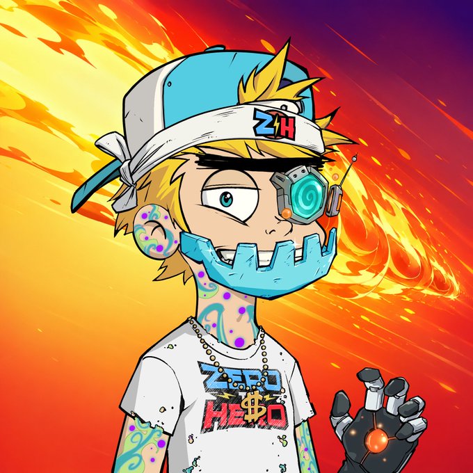 A stylized cartoon character with spiky blonde hair, a blue backwards cap featuring "ZH" logo, a robotic eye, metal jaw guard, and flame background, wearing a shirt reading "ZERO HERO," embodies the bold, rebellious aesthetic of the "HERO TEAM BUILT DIFFERENTLY" NFT collection.