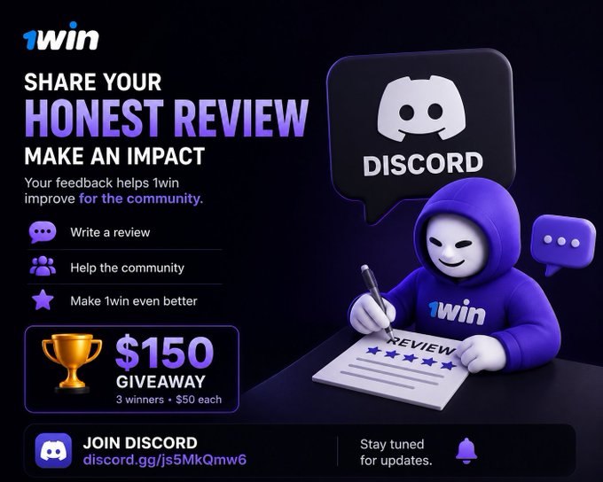 Promotional graphic for 1win featuring a 3D character in a purple hoodie writing a review, advertising a $150 giveaway (3 winners, $50 each) and inviting users to join their Discord at discord.gg/js5MkQmw6.