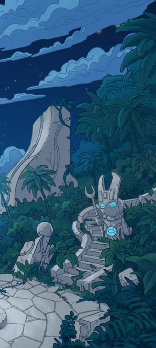 An illustrated pixel-art style scene depicting a stone temple or shrine in a lush jungle at night, featuring a trident-wielding statue with glowing blue accents and a small cloaked figure on stone steps.