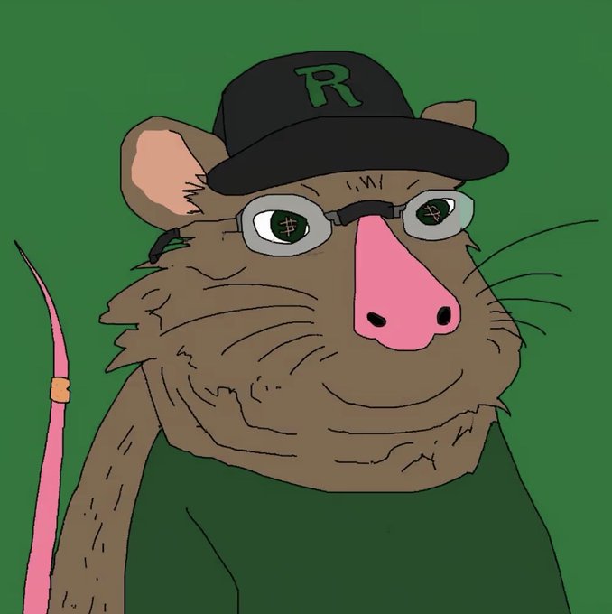 A cartoon illustration of a brown rat with a pink nose wearing glasses and a black baseball cap with a green 'R' on it, set against a green background.