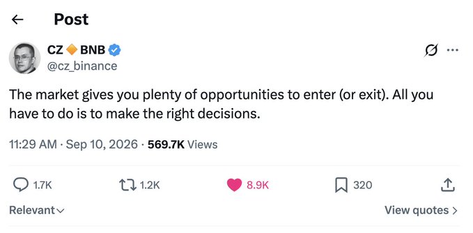 A X (Twitter) post by CZ 🔶 BNB (@cz_binance) reading 'The market gives you plenty of opportunities to enter (or exit). All you have to do is to make the right decisions.', posted at 11:29 AM on Sep 10, 2026, with 569.7K views.