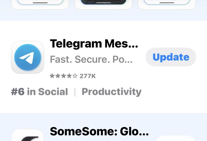 The image shows the App Store listing for "Telegram Mes..." with its blue paper airplane logo, displaying a 3-star rating (277K reviews), ranking "#6 in Social," and featuring a prominent "Update" button, confirming that Telegram is currently live and available for download on the Apple App Store—directly countering the FUD mentioned in the post.