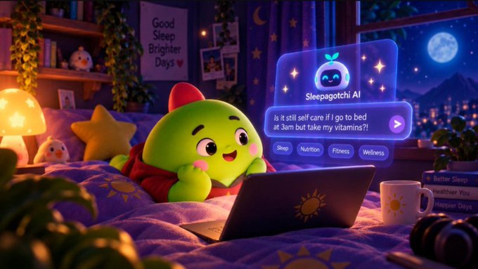 A cute, round green cartoon character wearing a red hoodie uses a laptop in a cozy bedroom at night, interacting with a 'Sleepagotchi AI' hologram that asks, 'Is it still self care if I go to bed at 3am but take my vitamins?!'