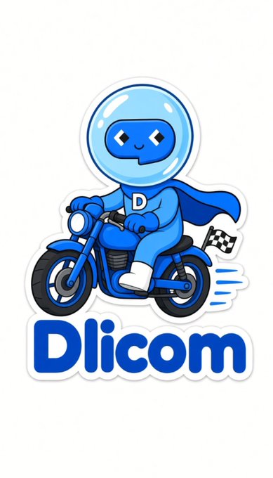 A blue cartoon robot mascot wearing a cape and a 'D' logo rides a motorcycle above the text 'Dlicom'.