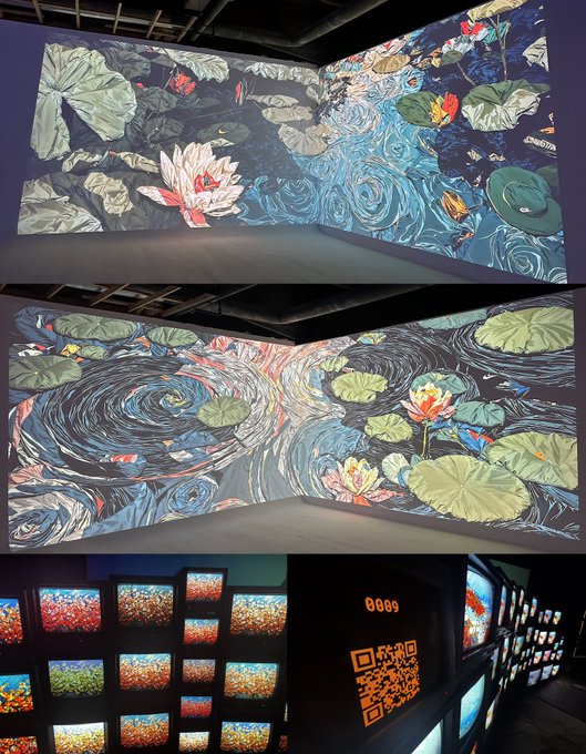 Photos of immersive digital art installations featuring Van Gogh-inspired swirling water and lily pad projections, along with a grid of TV screens displaying poppies and a QR code.