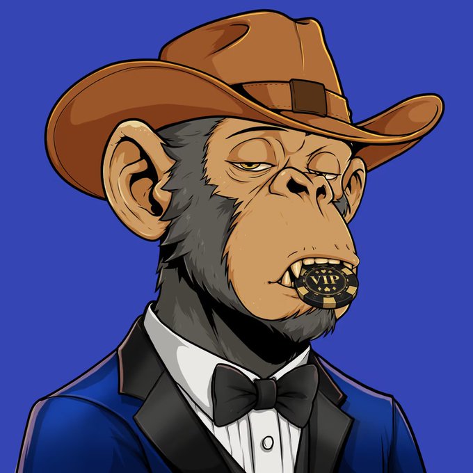 An illustration of a chimpanzee dressed as a VIP wearing a brown cowboy hat, blue tuxedo jacket, and bow tie, with a "VIP" token held in its mouth.
