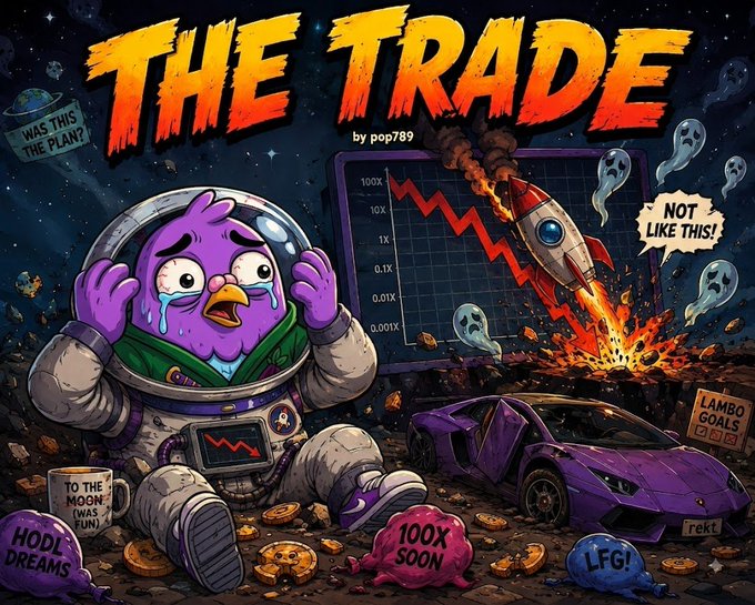 A cartoon illustration titled "THE TRADE by pop789" showing a crying purple bird astronaut amid a crashed rocket, a burning chart, a wrecked Lamborghini, and signs reading "HODL DREAMS," "100X SOON," "LFGO!," "LAMBO GOALS," and "WHAT WAS THE PLAN?"