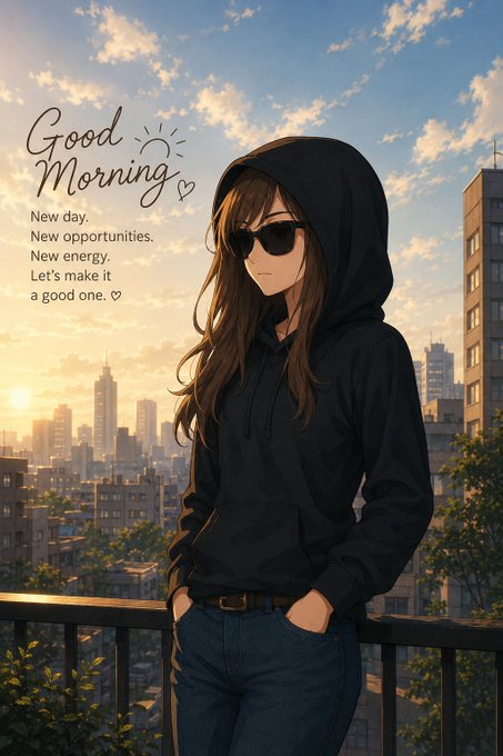 The image features a girl wearing sunglasses and a hoodie standing on a balcony or rooftop with buildings in the background. The caption below her reads "Good morning" and includes a quote about new opportunities, which could be related to the girl's character from an anime series.