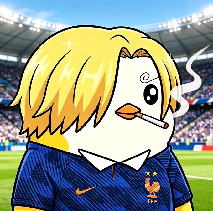 Cartoon bird character with blonde hair smoking a cigarette while wearing a blue France (FFF) national team soccer jersey.