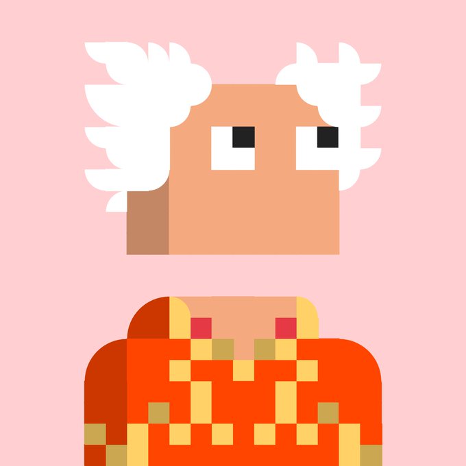 A pixel art illustration of a character with white curly hair and a peach-colored face wearing an orange and red patterned shirt against a pink background.
