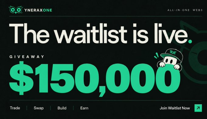 A promotional graphic for 'YNERAX ONE' with the text 'The waitlist is live.' and a large green '$150,000 GIVEAWAY' next to a small cartoon mascot.