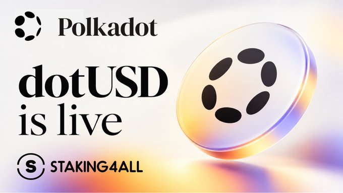 A promotional graphic for Polkadot cryptocurrency featuring the text 'Polkadot dotUSD is live' and 'STAKING4ALL', accompanied by a translucent 3D rendering of the Polkadot logo.