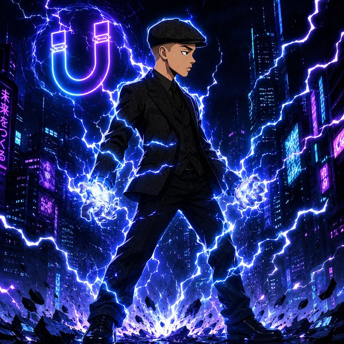 An anime-style illustration shows a man in a black suit and cap standing amid blue lightning in a cyberpunk cityscape, with a glowing horseshoe magnet symbol in the sky.