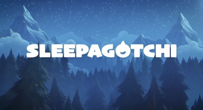The image features a poster for a game called "Sleeping Beauty," which has been released by a company named "@sleepagotchi." The poster showcases a night scene with mountains, pine trees, and stars, creating an atmosphere of tranquility and relaxation. The text on the poster reads "Sleeping Beauty" in white letters against a dark blue background, indicating that the game is now available for download or purchase.