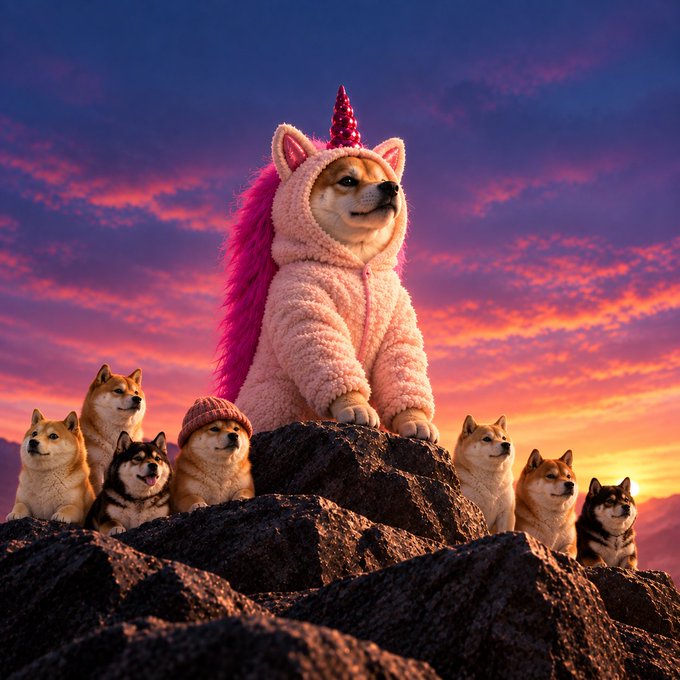A central Shiba Inu wearing a pink fluffy unicorn hoodie with a horn and pink mane sits atop a rocky outcrop against a vibrant pink and orange sunset, surrounded by several other Shiba Inus and a husky.