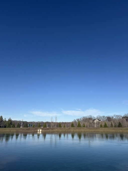 A serene landscape photo showing a calm lake reflecting a line of bare trees along the distant shore under a clear, deep blue sky.
