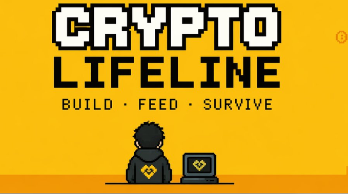 A pixel-art style logo for 'CRYPTO LIFELINE' with the tagline 'BUILD • FEED • SURVIVE', featuring a character at a computer on a yellow background.