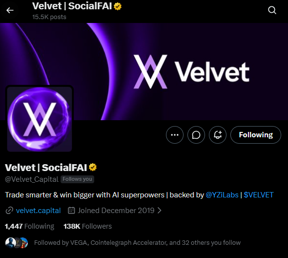 A Twitter/X profile page for "Velvet | SocialFAI" (@Velvet_Capital), an AI-powered DeFi trading platform with 15.5K posts and 138K followers, displaying its purple "V" logo and tagline "Trade smarter & win bigger with AI superpowers." The profile connects to the post by highlighting Velvet's role as a Binance Labs-backed DeFi crypto project, supporting the $LEGEND token's $263M market cap milestone.