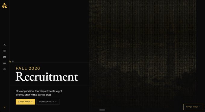 A dark-themed website featuring 'FALL 2026 Recruitment' text, stating 'One application, four departments, eight events. Start with a coffee chat,' with an 'APPLY NOW' button.