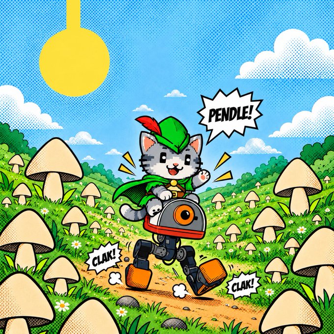 A cartoon cat dressed as a Robin Hood-esque adventurer in a green tunic and feathered cap joyfully exclaims "PENDLE!" while clanking through a vibrant mushroom-filled meadow on mechanical legs, with comic-book "CLAK!" sound effects accompanying its stride. The lively artwork ties into the post announcing Pons assets going live on Pendle with the SHROOM market, celebrating the launch of creator and holder fee trading through playful, energetic visuals.