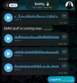 A mobile messaging app interface in a foreign language (likely Indonesian/Malay), with chat entries displaying blue heart reactions and DM-related text.