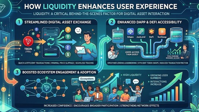 This image presents a flowchart or diagram illustrating the relationship between user experience and liquidity in the context of blockchain technology, specifically focusing on the Ethereum network's use of tokens as a means for user-based interaction with digital assets and services. The visual representation highlights the connection between efficient token transactions and smoother user experiences through improved accessibility and ease of use.