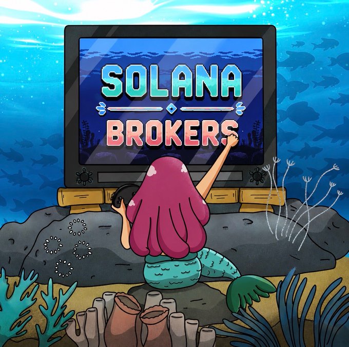 A colorful cartoon illustration showing a pink-haired mermaid sitting underwater and pointing at a retro television screen displaying the text 'SOLANA BROKERS'.