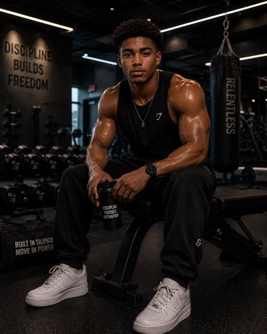 A muscular young man sits on a bench in a gym, holding a shaker bottle, with a 'DISCIPLINE BUILDS FREEDOM' wall sign and a 'RELENTLESS' punching bag in the background.