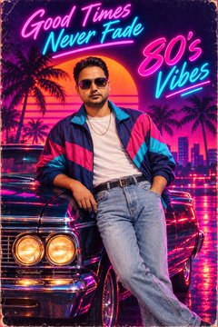 A retro 80s-style poster features a man in sunglasses and a teal and pink windbreaker leaning against a car with neon text reading "Good Times Never Fade" and "80's Vibes".