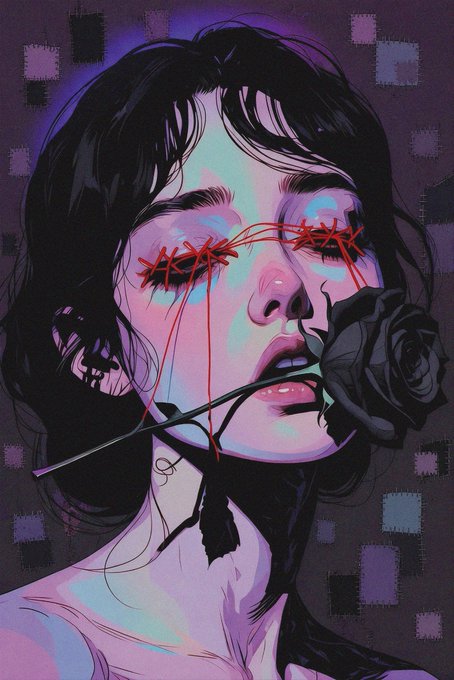 A stylized digital artwork portrays a woman with dark hair holding a black rose in her mouth, with red, thorn-like graphics stitched over her closed eyes against a purple checkered background.