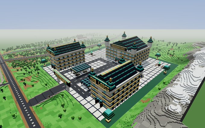A Minecraft-style 3D render of a large Asian-inspired architectural complex with multiple traditional buildings and green-tiled roofs.
