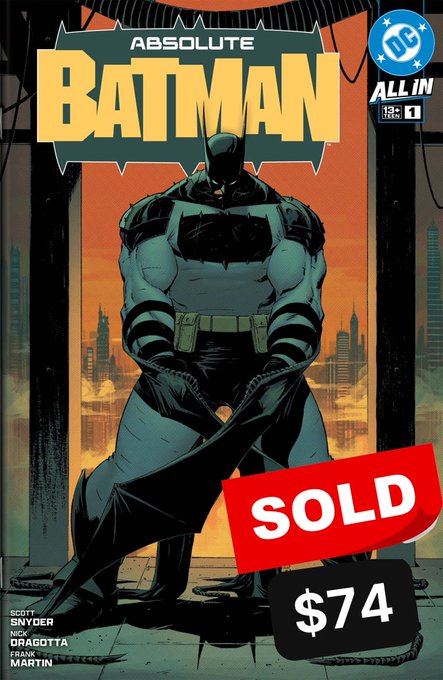 The cover of 'ABSOLUTE BATMAN' issue #1 by DC All In, featuring Batman in a bulky armored suit sitting against a city skyline, marked with red 'SOLD' and '$74' price tags.