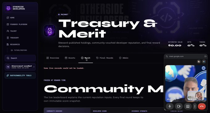 A screenshot of the Otherside Developers webpage displaying 'Treasury & Merit' section with navigation tabs for Overview, Assets, Merit, Final Rounds, and Admin, alongside a Google Meet video call window.