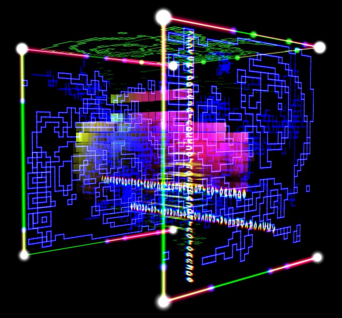 Abstract 3D wireframe rendering of a cube composed of neon-colored edges, nodes, and flowing lines of code or text in pink, blue, green, and yellow against a black background.