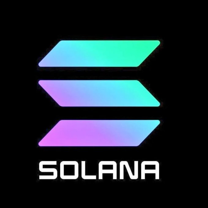 The Solana cryptocurrency logo, featuring three stacked gradient parallelogram shapes in green, purple, and pink above the 'SOLANA' text on a black background.