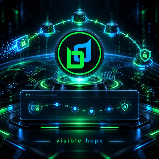 A futuristic digital graphic displays a green 'bl' logo surrounded by connected servers and security icons, with the text 'visible hops' at the bottom.