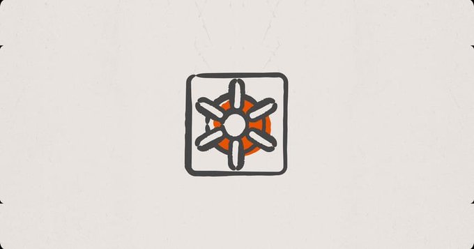 A simple illustration of a ship's wheel or helm icon in dark gray and orange inside a square frame on a white background.