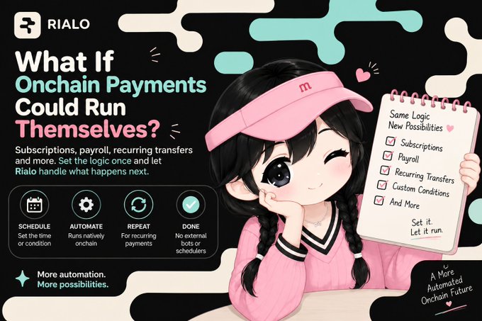 A promotional graphic for RIALO featuring an anime-style girl in a pink visor, with the text 'What If Onchain Payments Could Run Themselves?' and checkboxes for Subscriptions, Payroll, Recurring Transfers, and Custom Conditions.