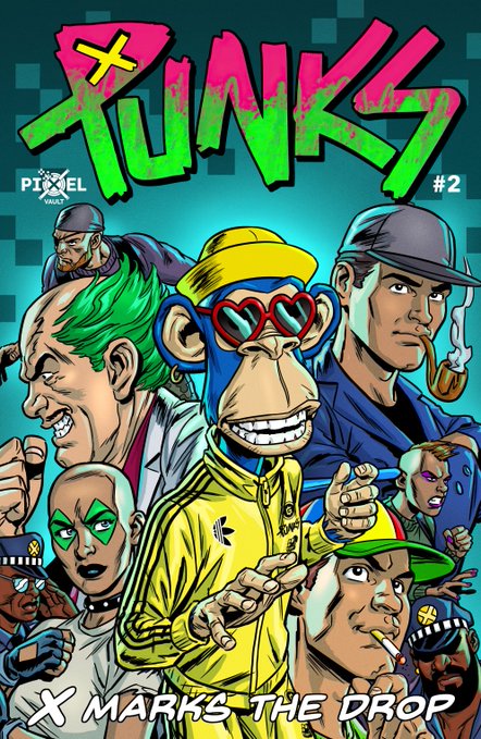 The image is a vibrant comic book cover for "Punks 2: X Marks the Drop," issue #2 by Pixel Vault, featuring a central blue-faced character in a yellow cap and heart-shaped sunglasses surrounded by various stylized figures. The title "PUNKS" is displayed prominently in graffiti-style pink and green lettering at the top, matching the described NFT from the punkscomic collection in the Blue11 series.