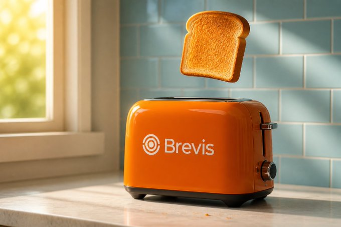 An orange Brevis-branded toaster on a kitchen counter with light blue tiled backsplash, launching a slice of toasted bread into the air.
