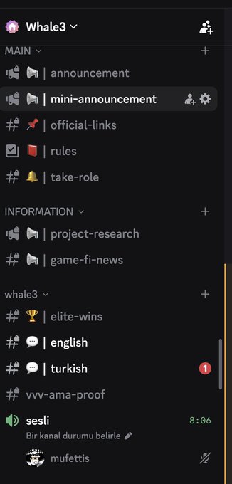 This image shows a Discord server called "Whale3" with various channel categories including MAIN (announcement, mini-announcement, official-links, rules, take-role), INFORMATION (project-research, game-fi-news), and whale3 (elite-wins, english, turkish, vvv-ama-proof). At the bottom, a voice channel "sesli" shows a user named "mufettis" active from 8:06 with a Turkish notification "Bir kanal durumu belirle," confirming the poster's claim of being live and active on the Discord server to engage with the community and share alpha.
