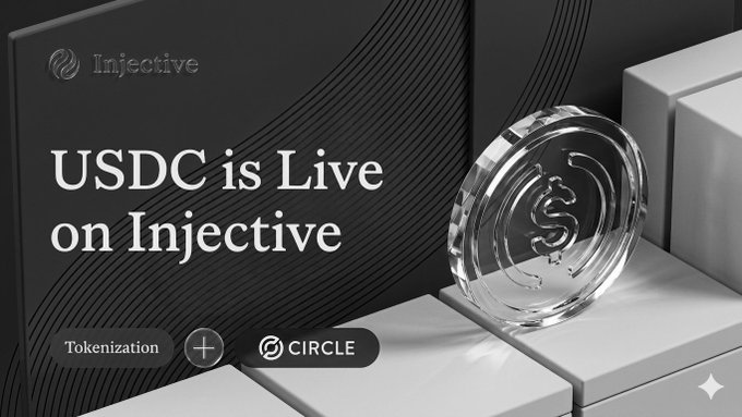 The image depicts a large, shiny crystal-like dollar sign with a dollar amount of $1, placed on top of a white square box. The text "USDC IS LIVE ON INJECTIVE" is visible at the bottom of the image, along with the phrase "That shiny crystal dollar coin you see? It just landed on one of the fastest blockchains in DeFi Say hello to native USDC @Injective". This visual representation connects the physical object (the dollar sign) with a digital concept related to cryptocurrency and blockchain technology.