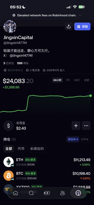 A mobile screenshot of the Robinhood app showing the profile for user "JingxinCapital" (@jingxin147741) with a portfolio balance of $24,083.20, displaying holdings in ETH ($11,213.49) and BTC ($10,198.40).